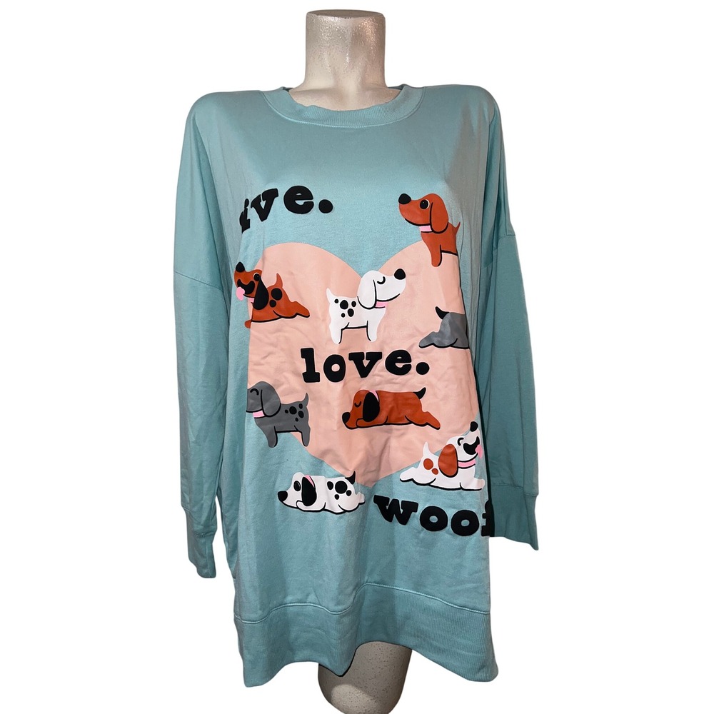 New LuLaRoe Womens XL Live Love Woof Dog Graphic Teal Blue LS HANNAH Pullover - Picture 1 of 8